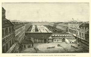 Drewniane galerie w Palais-Royal, w 1828 r. Widok z pałacu po angielskiej aqua-tinta z tamtych czasów autorstwa French School
