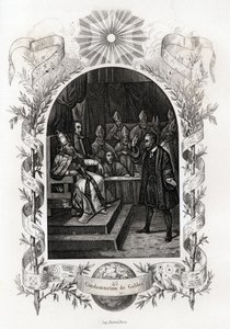 Galilea (lub Galileo Galilei (1564-1642)) przed Świętym Oficjum w Watykanie”” Astronom został skazany przez Trybunał Inkwizycji w 1632 roku. Grawer ilustrujący Histoire des Popes autorstwa Maurice Lachatre (1814-1900), librairie du progres, Paryż. autorstwa French School