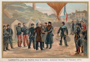 Gambetta opuszcza Paryż w balonie na ogrzane powietrze Armand-Barbes autorstwa French School