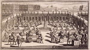 Ogrodnicy pracujący w ogrodzie pomarańczowym, z Le Parfait Jardinier, ou Instruction pour les Jardins Fruitiers et Potager, Jean de la Quintinye, opublikowana 1695 autorstwa French School