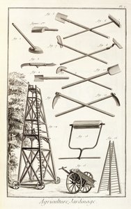 Narzędzia ogrodnicze i mobilna platforma do przycinania, z Encyclopedie des Sciences et Metiers autorstwa Denisa Diderota (1713-84) opublikowana ok. 1770 r. autorstwa French School
