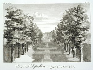 Gardens at Tshehar-Bagh, Isfahan, z Voyages du Chevalier Chardin en Perse, et autres Lieux de l