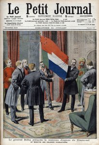 Generał Pieter Willem Botha (bur) przedstawia nową flagę Transwalu (RPA) angielskiemu ministrowi kolonialnemu Lordowi Elginowi - w „Le Petit Journal” z 21 lipca autorstwa French School
