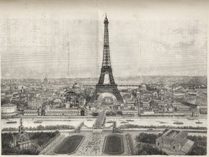 Widok ogólny na Targi Światowe w Paryżu w 1889 r. z wieżą Eiffla z Trocadero, rycina - Widok ogólny na Targi Światowe w Paryżu w 1889 r. z wieżą Eiffla, rycina w Le Monde illustrious de 1889 autorstwa French School