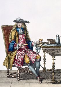 Gentlemans Elaborate Outfit, 1760 88: Dżentelmeńska wyszukana haftowana kamizelka, płaszcz i kapelusz; 99:mężczyzna; strój tradycyjny; strój tradycyjny; moda; c18th; siedzący; biurko; patka autorstwa French School