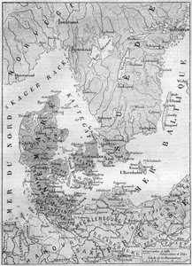 Mapa geograficzna Danii z 1861 r. z księżną Schleswig, Holstein i Lauenburg. Grawer w „Le Monde Illustré” nr 200 z dnia 9 lutego 1861 r. autorstwa French School
