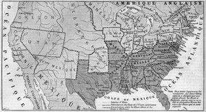 Mapa geograficzna Stanów Zjednoczonych Ameryki w marcu 1861 r. W biegu reprezentowane są stany niewolnictwa. Napisane na biało nazwy siedmiu stanów konfederackich, które odłączyły się od Unii: Teksas, Karolina Południowa, Mississippi, Floryda, Alabama, Geo autorstwa French School