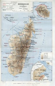Mapa geograficzna kolonii Madagaskaru i jej terytoriów zależnych, Reunionu i francuskiego wybrzeża Somalii. w "La mise en valeur des colonies francaises", Albert Sarraut autorstwa French School