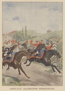 Konie armii niemieckiej "dezerterujące" przez francuską granicę (kolorowa litografia) autorstwa French School