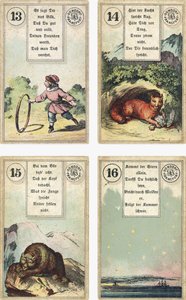 Niemieckie wydanie francuskiej talii kartomancji Lenormand: Dziecko, lis, niedźwiedź, gwiazda, wydane przez Dondorf, Frankfurt, XIX w. autorstwa French School