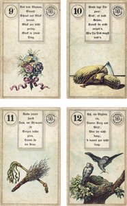 Niemieckie wydanie francuskiej talii kartomancji Lenormand: Kwiaty, Kosa, Wędka brzozowa, Bicz, Ptaki, wyd. Dondorf, Frankfurt, XIX w. autorstwa French School