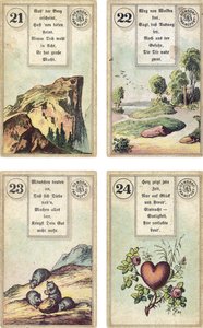 Niemieckie wydanie francuskiej talii kartomancji Lenormand: Góra, Droga, Myszy, Serce, wydane przez Dondorf, Frankfurt, XIX wiek autorstwa French School