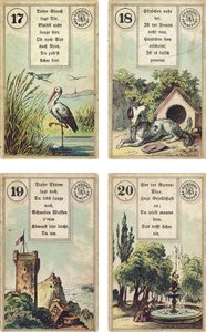 Niemieckie wydanie francuskiej talii kartomancji Lenormand: Bocian, Pies, Wieża, Ogród, wyd. Dondorf, Frankfurt, XIX w. autorstwa French School