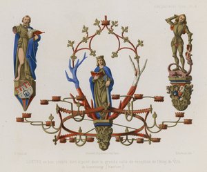 Pozłacany i malowany drewniany żyrandol w dużej sali recepcyjnej ratusza w Luneburgu autorstwa French School