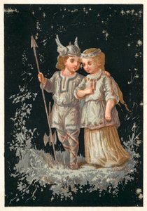 Dziewczynka i chłopiec w strojach nordyckich lub germańskich (chromolitho) autorstwa French School