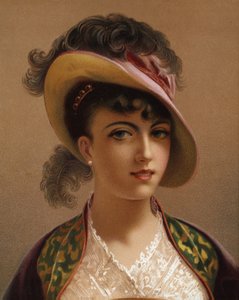 Dziewczyna w różowym kapeluszu (chromolitho) autorstwa French School