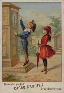 Dziewczyna oglądająca chłopca ustawiającego zegar (chromolitho) autorstwa French School