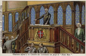 Gladstone broni swojej polityki w sprawie irlandzkich rządów domowych w Izbie Gmin autorstwa French School