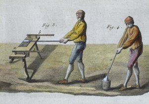 Dmuchanie szkła, detal, ilustracja z Encyclopedie des Sciences et Metiers autorstwa Denisa Diderota (1713-84) rytowana przez Roberta Benarda (fl.1734) wydana ok. 1770 (kolorowa grawerunek) (patrz także 326118) autorstwa French School