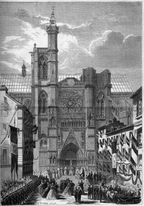 Architektura gotycka: widok na katedrę Notre Dame de Clermont Ferrand (Clermond-Ferrand), Puy de Dome (63), podczas wizyty Napoleona III i cesarza Eugenie de Montijo w 1862 r. Grawer w „Le Monde Illustré” n °275 z dnia 19 lipca 1862 r. autorstwa French School