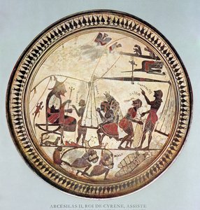 Grecki puchar przedstawiający Arcesilasa II, króla Cyreny (ok. 560-550 pne) oglądającego ważenie i ładowanie silphium, kopia oryginału z VI wieku p.n.e. autorstwa French School