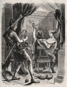 Mitologia grecka: „”Ten krzyk wydał Paryż””. Paris zaskakuje Helene Peritanusem. Grawer z 1871 r. w „Histoire Des Cocuses Celebres” Henry