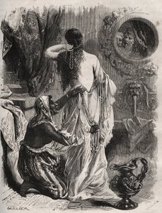 Mitologia grecka: król Lydie Candaule (lub Caudale) pokazuje swoją nagą żonę swojemu powiernikowi Gygesowi, chowa się w cieniu, gdy otwiera się w sypialni. Grawer z 1871 r. w „Histoire Des Cocus Celebres” Henry
