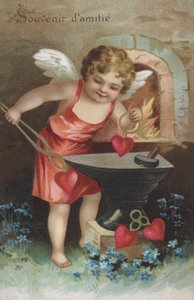 Kartka z pozdrowieniami przedstawiająca cherubinka tworzącego żetony przyjaźni w kuźni (chromolit) autorstwa French School