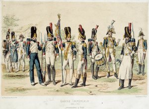Grenadierzy stopa Gwardii Cesarskiej Napoleona I (w latach 1804-1814). Grawerowanie z XIX wieku. Paryż, Sztuka Dekoracyjna autorstwa French School
