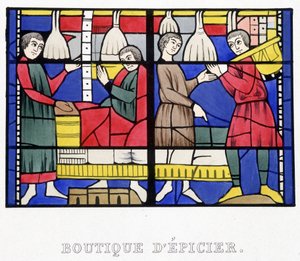 Sklep spożywczy. Faksymile średniowiecza witrażu w „Histoire de la peinture sur verre” Ferdinanda de Lasteyrie autorstwa French School
