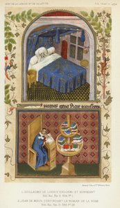 Guillaume De Lorris śpi i myśli, Jean De Meun kontynuuje Roman De La Rose (kolor lito) autorstwa French School