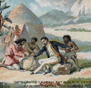 Guillaume Lejean, francuski odkrywca, został zakuty w kajdany na rozkaz cesarza Teodorosa z Abisynii (dzisiejsza Etiopia). Chromolitografia XIX wieku. autorstwa French School
