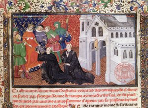Guillaume de Nangis (zm. 13003) przedstawia swoją książkę Filipowi IV (1268-1314) le Bel, królowi Francji w latach 1285-1314 autorstwa French School