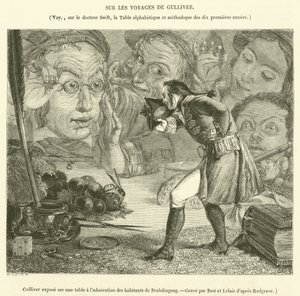Guliwer wystawiony na stole ku podziwowi mieszkańców Brobdingnag (rycina) autorstwa French School