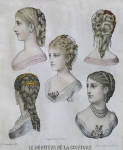 Fryzury, ilustracja z Le Moniteur de la Coiffure, 10.12.1879 (kolor grawerowany) autorstwa French School