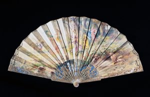 Wachlarz przedstawiający Wiosnę lub Rozkwit miłości, malowany papier powlekany z grawerowaną białą laską z masy perłowej, 35,5 cm, sygn. Adolphe Faugeron, Francja autorstwa French School