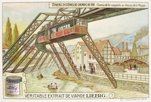 Wiszący pociąg na rzece Wupper, promocyjna karta reklamowa dla Veritable Extrait de Viande Liebig autorstwa French School