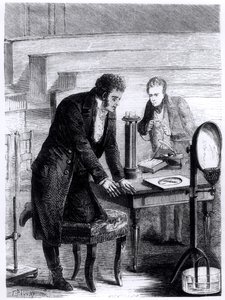 Hans Christian Oersted (1777-1851) odkrywa odchylenie igły magnetycznej przez prąd zamknięty w 1820, z Les Merveilles de la Science Louisa Figuiera (1819-94), 1867 autorstwa French School