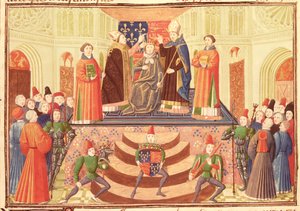 Harl 4380 f.186v Koronacja Henryka IV (1367-1413) z Kroniki Froissarta, t. IV autorstwa French School