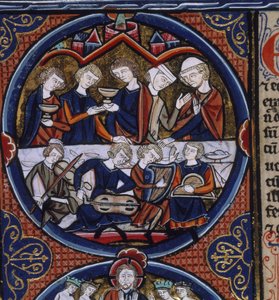 Harley 1527 fol.36v Bankiet z muzykami, z "Biblii Moralisee", Paryż, ok. 1240 (welum) autorstwa French School
