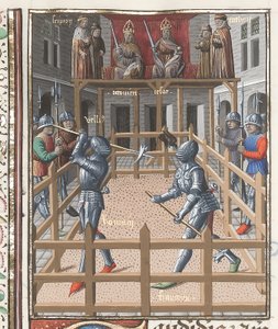 Harley 4375 f.171v, Dwóch rycerzy walczących z mintajami, z „Valerius Maximus”, ok.1473-80 (welum) autorstwa French School