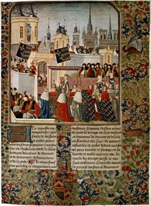 Harley 4379 f.3 Wjazd królowej Izabeli, zerwanej małżonki Edwarda II (1284-1327) do Paryża w 1325, dokonany przez Jeana Froissart (ok.1333-c.1404) dla historyka Philippe de Comines (1445-1509) ( welinowy) autorstwa French School