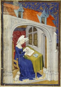 Harley MS 4431 f.004r Fragment miniatury Christine de Pizan w jej gabinecie na początku „Balady Centa”, ok. 1410-14 (tusz i kolor na pergaminie) autorstwa French School