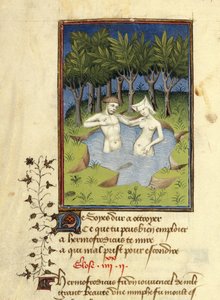 Harley MS 4431, f.132v, Miniatura Hermafrodyta i nimfy Salmacis kąpiącej się w jeziorze, z „L