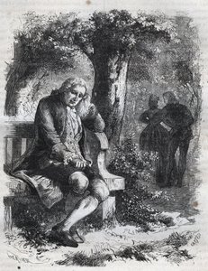 Usłyszał szept pocałunku. Szwajcarski filozof Jean Jacques (Jean-Jacques) Rousseau (1712-1778) zaskakuje swoją towarzyszkę Marie-Therese (Marie Therese) Le Vasseur (Levasseur) (1721-1801) w pełnym cudzołóstwie. Grawer z 1871 roku w „Histoire Des Cocuses autorstwa French School