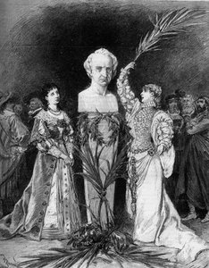 Henriette Rosine Bernard zawołała Sarah Bernhardt (1844-1923) recytującą „Bitwa pod Hernani” Francoisa Coppee przed popiersiem Wiktora Hugo (1802-1885) z okazji pięćdziesiątej rocznicy spektaklu „Hernani”. Paryż, komedia francuska autorstwa French School
