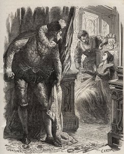 Henryk (Henryk) Stuart i Lord Darnley (1545-1567) zaskoczył swoją żonę, królową Marię (Marię) Iere Stuart (1542-1587), swoim prywatnym sekretarzem, Davidem Rizzio (zm. 1566). Grawer z 1871 r. w „Histoire Des Cocuses Celebres” Henry