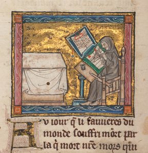 Pustelnik piszący przy biurku, miniatura z „Estoire del Saint Graal, La Queste del Saint Graal, Morte Artu”, ok. 1315-25 (atrament na pergaminie) autorstwa French School