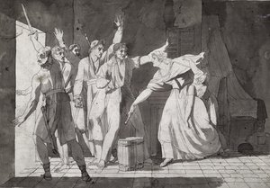Bohaterstwo kobiety w obliczu wandejskich rabusiów po przejęciu kontroli nad Saint-Mithier, 1793 (patrz także 217884) autorstwa French School