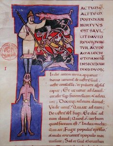 Historyczny inicjał „P” przedstawiający śmierć Saula, z łacińskiej Biblii autorstwa French School